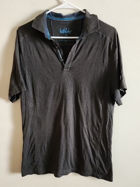 Kuhl Women's Short Sleeve Polo in Charcoal with Blue Trim Size Small
